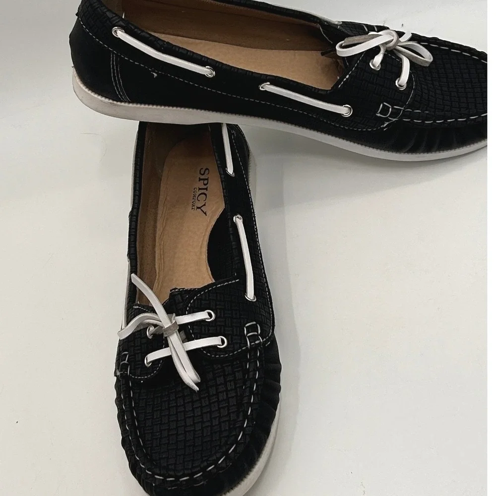 Spicy Comfort Womens Black Woven‎ Boat Shoes Lace Up Moccasin Flats Loafers 11